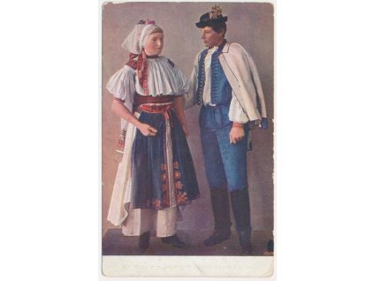 Námětová pohlednice, Lidové kroje - Slovensko, "Hoch a děvče z Bošáce"