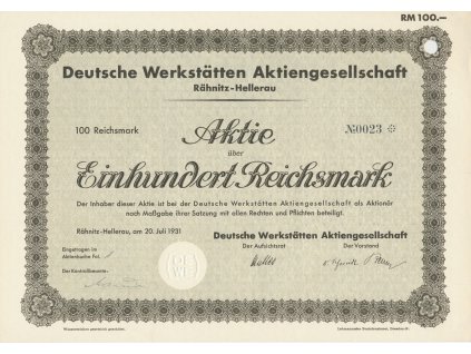 Akcie, Deutsche Werkstätten Aktiengesellschaft, 100 Reichsmark, 1931