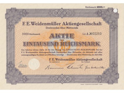 Akcie, F.E.Weidenmüller Aktiengesellschaft, 1000 Reichsmark, 1942