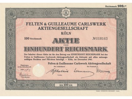 Akcie, Felten Guilleaume Carlswerk Aktiengesellschaft, 100 Reichsmark, 1941
