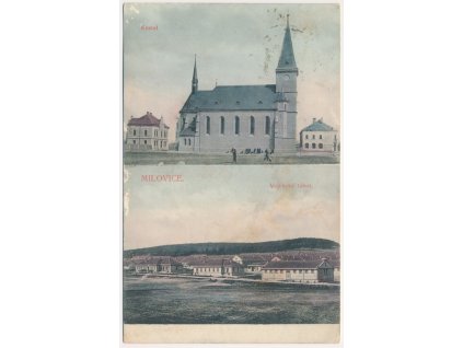 40 - Nymbursko, Milovice, 2 záběr, Vojenský tábor, Kostel, cca 1909