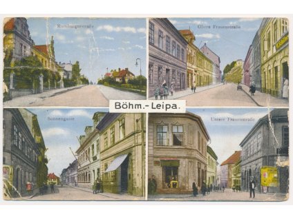 11 - Česká Lípa, 4 záběr, oživené ulice, Sonnengasse, Rumburgerstrasse..., 1934