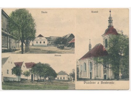 27 - Kladensko, Bratronice, 3 záběr, Škola, Kostel, Náves, cca 1913