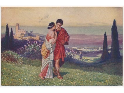 Námětová pohlednice, Jarní procházka, A. Liebscher, cca 1920