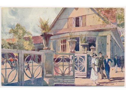 40 - Nymbursko, Poděbrady, oživený vchod do lázní, Nakl. J. Klein, cca 1930