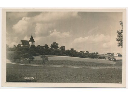 57 - Rychnovsko, Šachov, pohled na vesnici a kostel, cca 1935