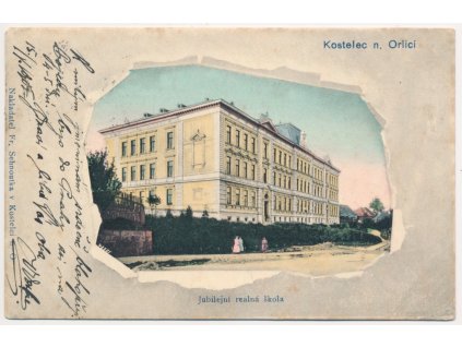 57 - Rychnovsko, Kostelec nad Orlicí, koláž, Jubilejní reálná škola, 1905