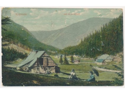 66 - Trutnovsko, Krkonoše, oživená partie z Obřího dolu se Sněžkou, 1913