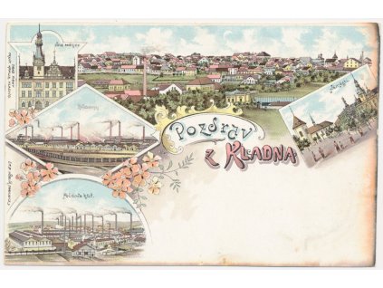 27 - Kladno, 5-ti záběrová litografie, Železárny, radnice, náměstí..., cca 1903