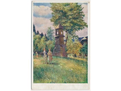 70 - Orlickoústecko, Litice nad Orlicí, oživená partie u zvoničky, cca 1929