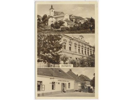 27 - Kladensko, Svárov, 3 záběr, mj. Hostinec F. Husáka, škola..., cca 1940