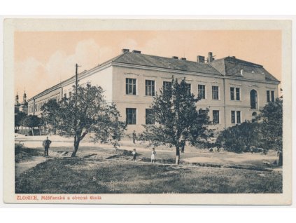 27 - Kladensko, Zlonice, Měšťanská a obecná škola, oživená partie, cca 1922
