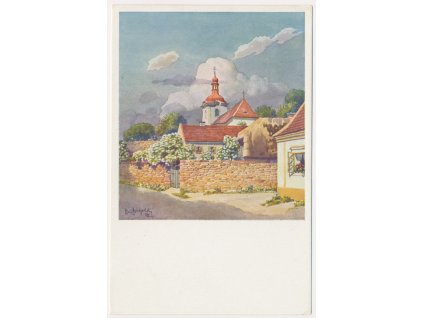 27 - Kladensko, Družec, partie s domy u kostela, cca 1940