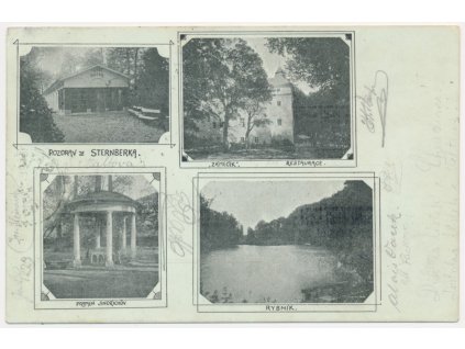 27 - Kladensko, Šternberk-Ledce, 4 záběrová koláž, mj. restaurace, zámeček...,1905