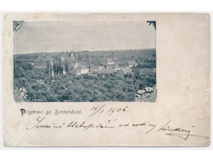 27 - Kladensko, Zvoleněves, okénková koláž s celkovým pohledem, cca 1902