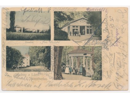 27 - Kladensko, Lázně Šternberk, 4 záběr, zámeček, pramen..., cca 1907