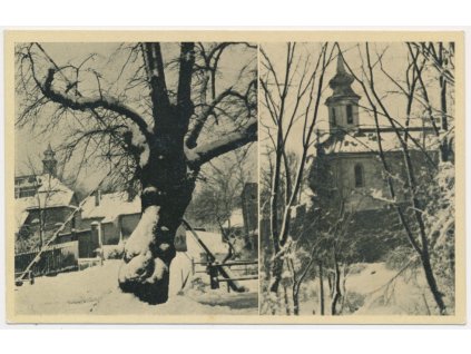 27 - Kladensko, Zvoleněves, 2 záběr partií ze zasněžené obce, cca 1950