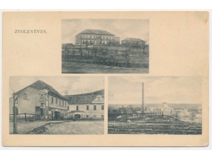27 - Kladensko, Zvoleněves, 3 záběr, mj. Cukrovar, náves..., cca 1925