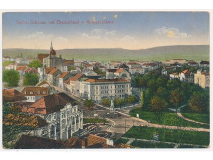 65 - Teplice, Teplitz-Schönau mit Elisabethbad u. Kriegerdenkmal, cca 1916