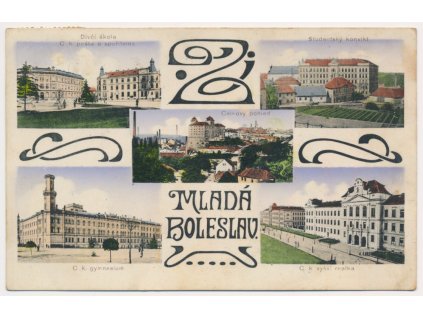 36 - Mladá Boleslav, 5-ti záběrová koláž, školy, celkový pohled..., cca 1915