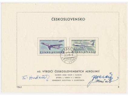 ČSSR, 40. výročí Českosl. aerolinií, 1963, pamětní list s orig. známkou, podpisy autorů známek