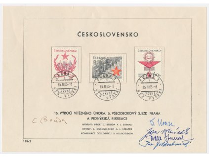 ČSSR, 15. Výročí vítězného února, 1963, pamětní list s orig. známkou, podpisy autorů známek