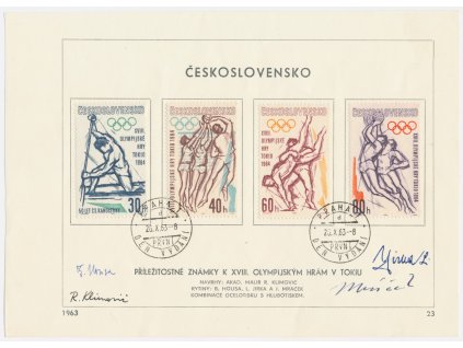 ČSSR, XVIII. Olympijské hry v Tokiu, 1963, pamětní list s orig. známkou, podpisy autorů známek