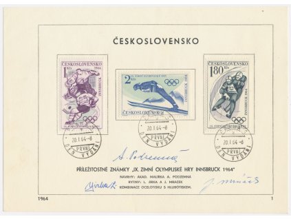 ČSSR, IX. Zimní olympijské hry Innsbruck, 1964, pamětní list s orig. známkou, podpisy autorů známek