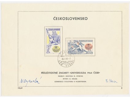 ČSSR, Universiáda, 1964, pamětní list s orig. známkou, podpisy autorů známek