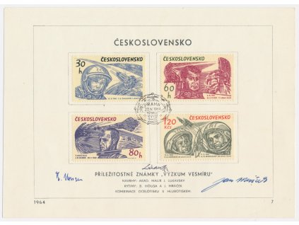 ČSSR, Výzkum vesmíru, 1964, pamětní list s orig. známkou, podpisy autorů známek