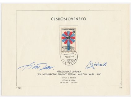ČSSR, XIV. Mezinárodní filmový festival Karlovy Vary, 1964, pamětní list s orig. známkou, podpisy autorů známek
