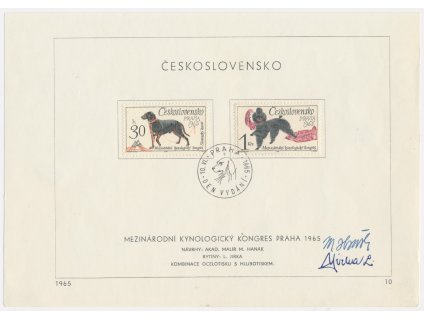 ČSSR, Mezinárodní kynologický kongres Praha, 1965, pamětní list s orig. známkou, podpisy autorů známek