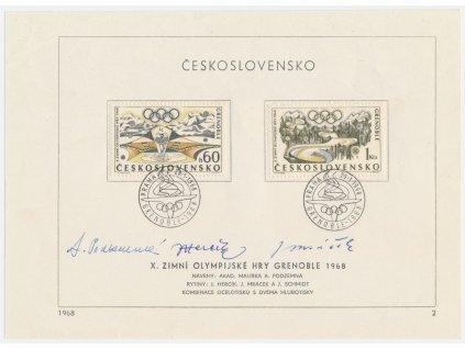 ČSSR, X. Zimní olympijské hry Grenoble, 1968, pamětní list s orig. známkou, podpisy autorů známek