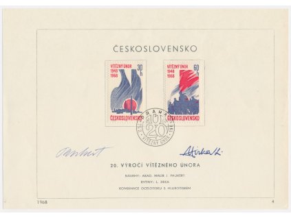 ČSSR, 20. Výročí vítězného února, 1968, pamětní list s orig. známkou, podpisy autorů známek
