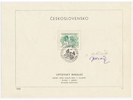 ČSSR, Liptovský Mikuláš, 1968, pamětní list s orig. známkou, podpisy autorů známek