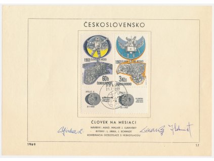 ČSSR, Človek na mesiaci, 1969, pamětní list s orig. známkou, podpisy autorů známek