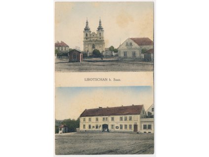 34 - Lounsko, Libočany (Libotschan), 2 záběr, Hostinec, Kostel, cca 1919