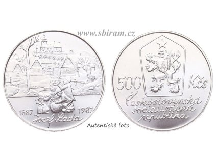 ČSSR, mince 500 Koruna 1987 - 100. výročí narození Josefa Lady, stav 0/0