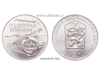 ČSSR, mince 100 Koruna 1989 - 50. výročí událostí 17. listopadu 1939, 0/0
