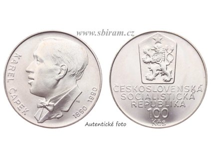 ČSSR, mince 100 Koruna 1990 - 100. výročí narození Karla Čapka, stav 0/0