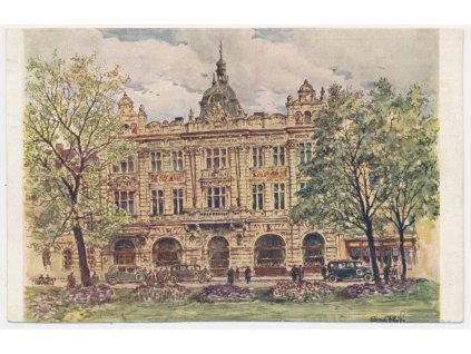 47 - Plzeň, Městská beseda, oživená partie, automobily..., cca 1951