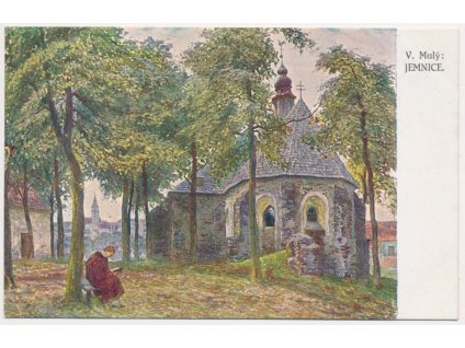 67 - Třebíčsko, Jemnice, V. Malý - oživená partie u kostela, cca 1925
