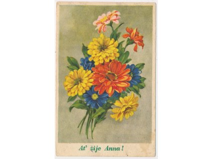 Blahopřejná pohlednice, Ať žije Anna, květiny - Gerbery, cca 1950
