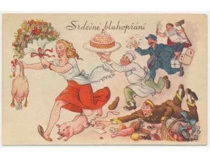 Blahopřejná pohlednice, satira, Srdečné blahopřání, cca 1949