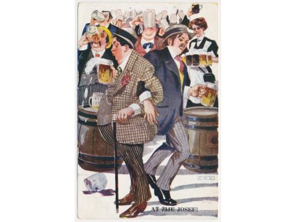 Blahopřejná pohlednice, Ať žije Josef!,  "Oslava v pivnici", cca 1960
