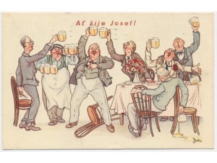 Blahopřejná pohlednice, Ať žije Josef!,  "Oslava v hostinci s pivem", 1947