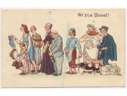 Blahopřejná pohlednice s gratulanty, "Ať žije Josef!", cca 1948