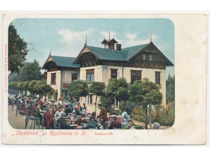 57 - Rychnovsko, Lázně Studánka, Restaurace, oživená partie, cca 1908