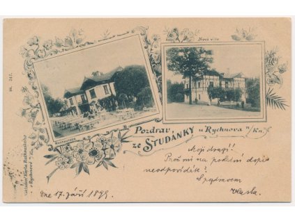57 - Rychnovsko, Lázně Studánka, 2-záběrová koláž, Restaurace, Vila, 1899
