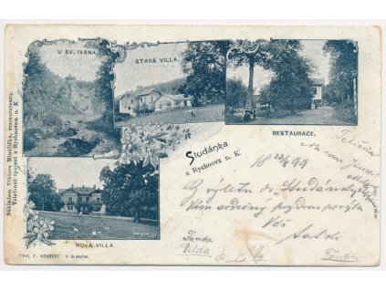 57 - Rychnovsko, Lázně Studánka, 4 záběrová koláž, mj. Restaurace, 1899